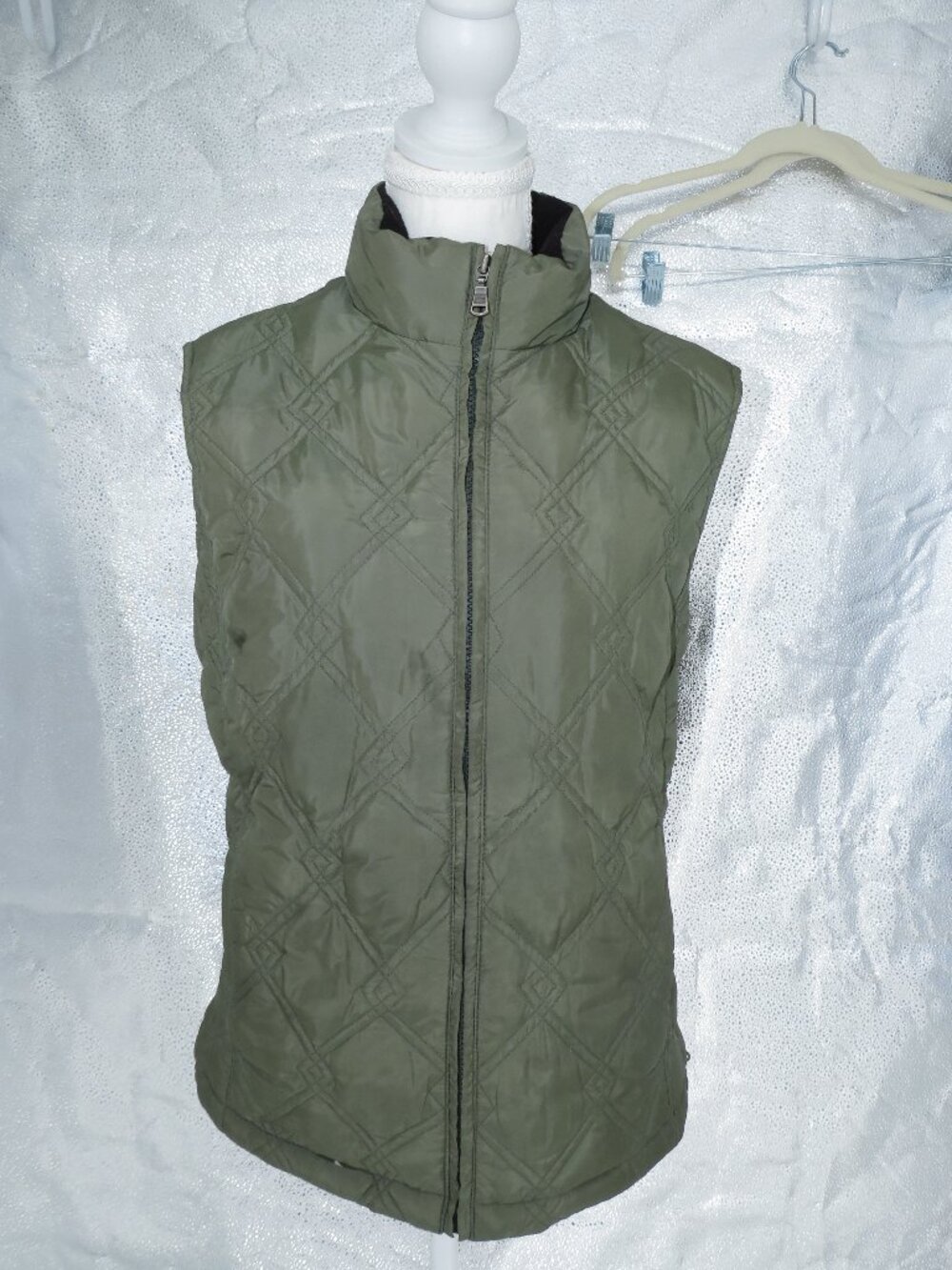 Eddie Bauer Goose Down Vest Olive Green Womens L Quilted Full Zip Puffer Pocket